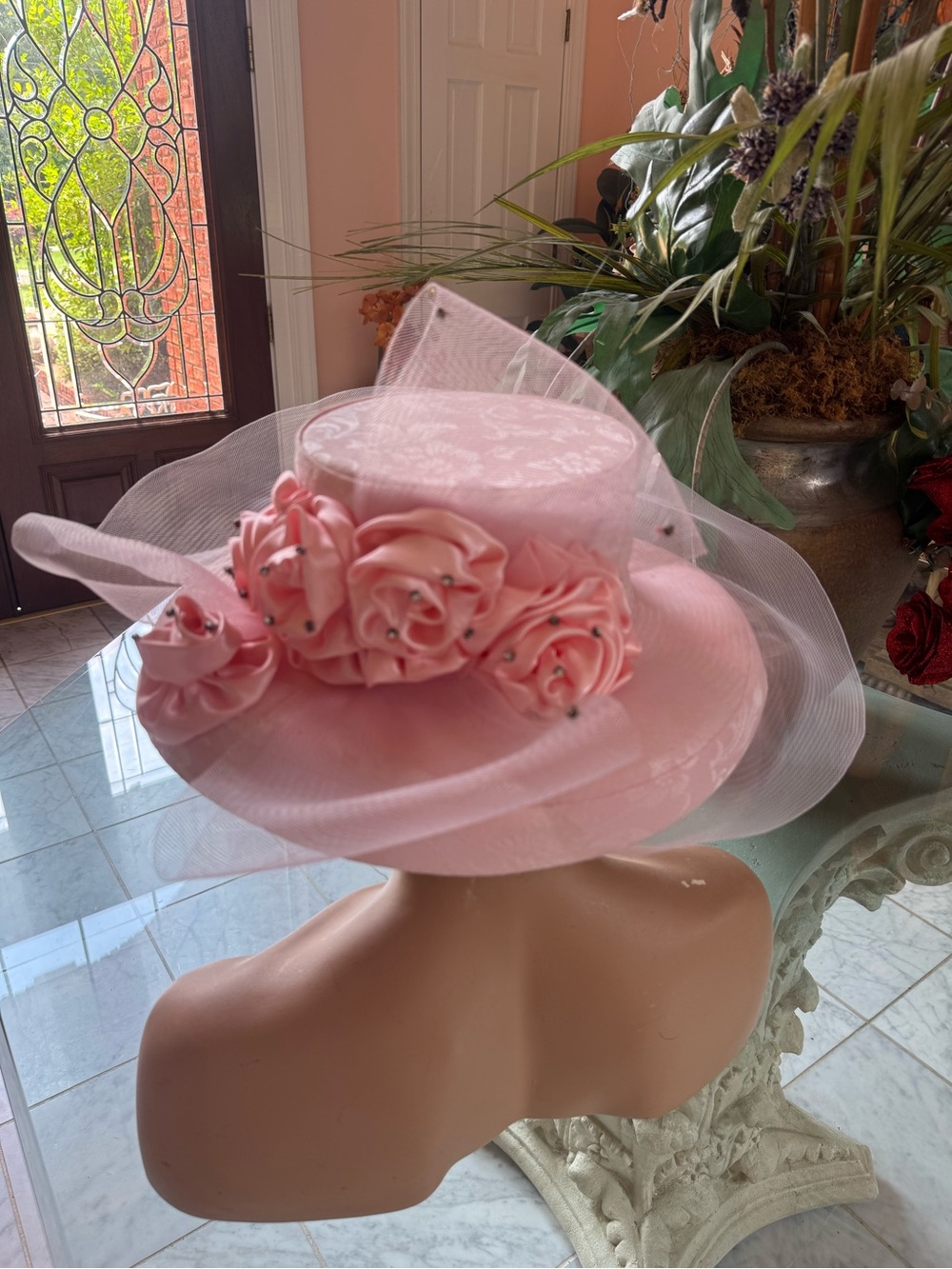 Elegant Pink Satin Floral Church Hat with Netting Trim